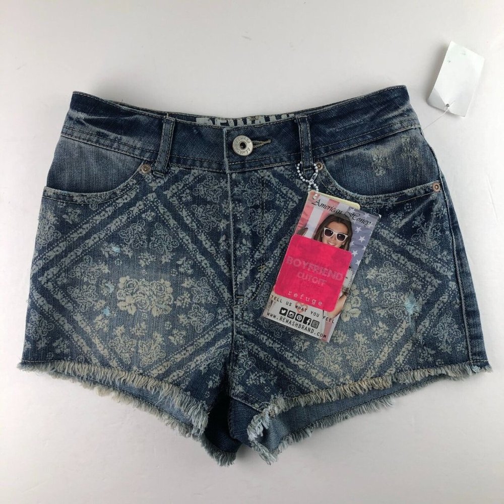 Rewash Women's Printed Denim Mid Rise Jean Shorts Distressed Hem Boho 2/25